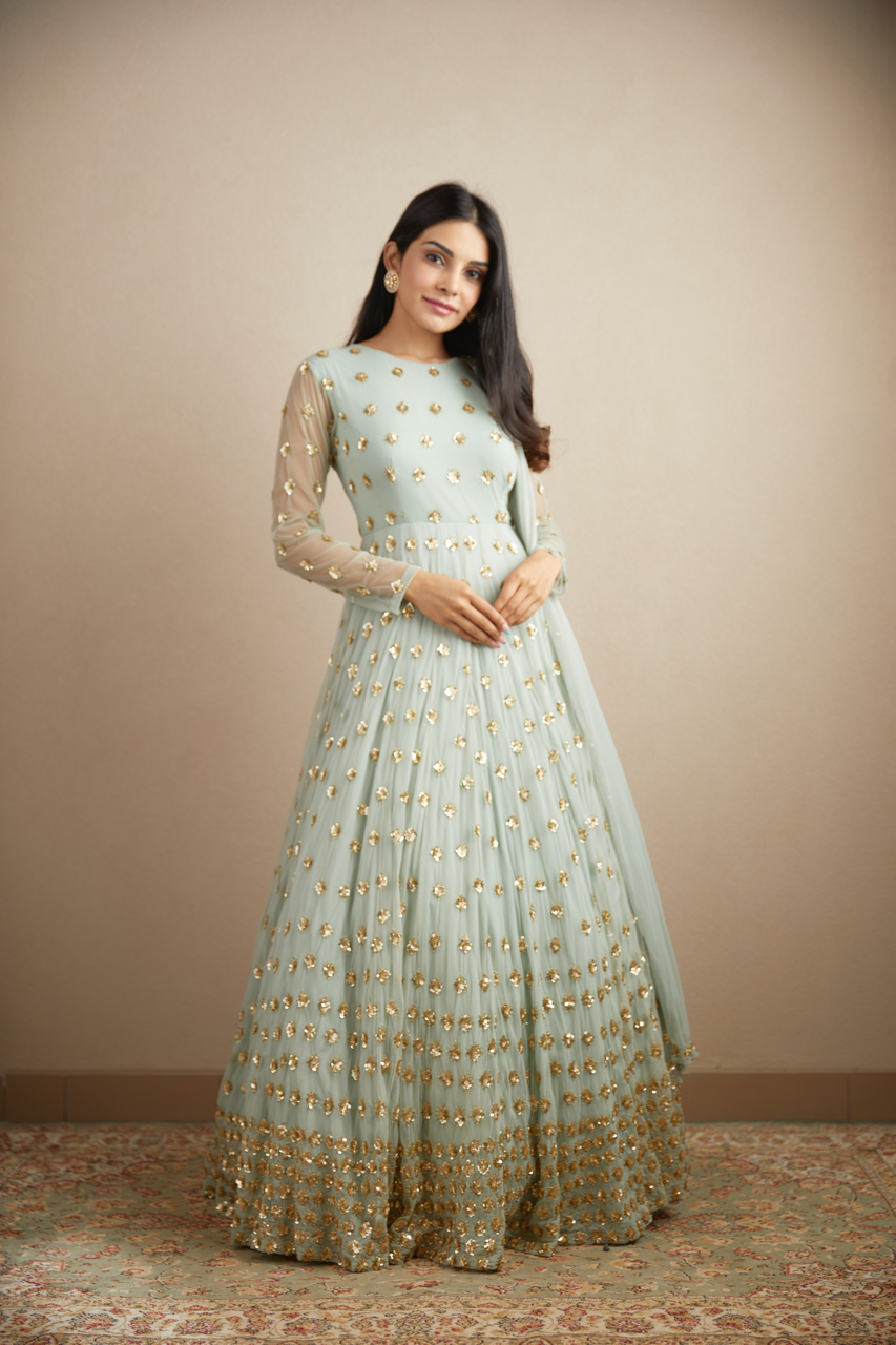 Buy Powder Blue Anarkali Set With Gold Bootie Work Astha Narang Buy Powder Blue Anarkali Set With Gold Bootie Work Astha Narang
