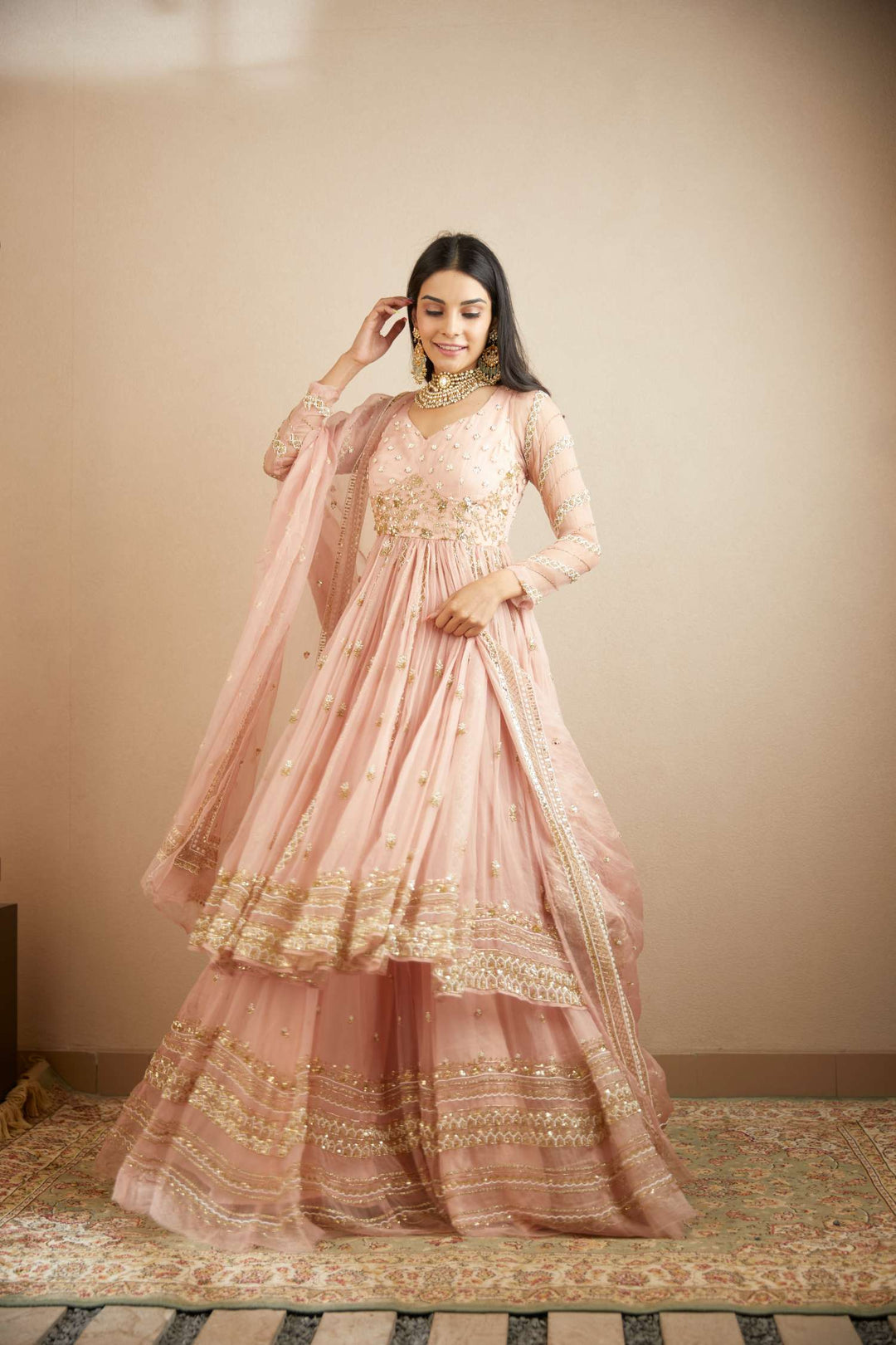 Blush Pink Organza Anarkali With Sharara Set
