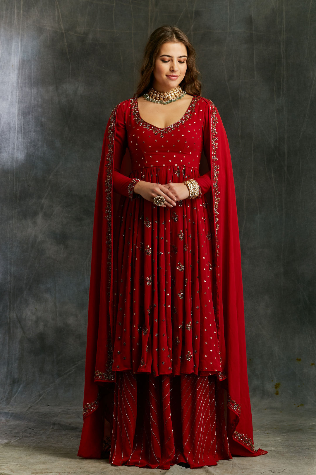 Red Georgette Anarkali With Sharara