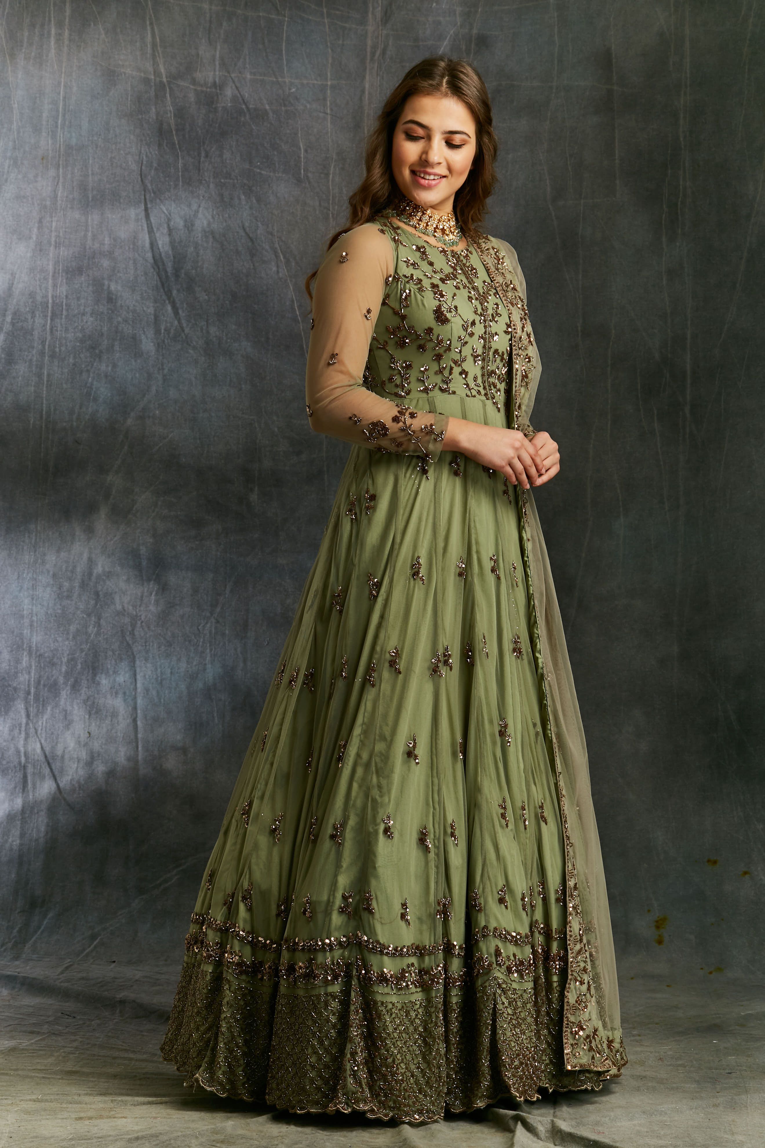 Olive Green Embroidered Cotton Anarkali Suit Set with Dupatta
