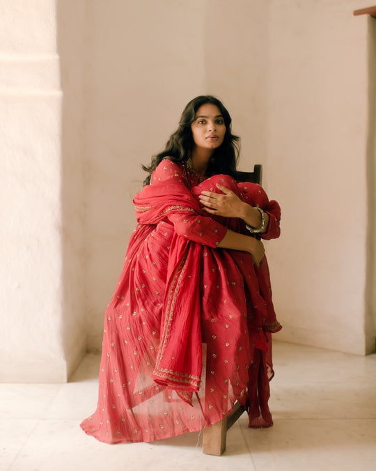 Red Anarkali Set With Sharara Pants