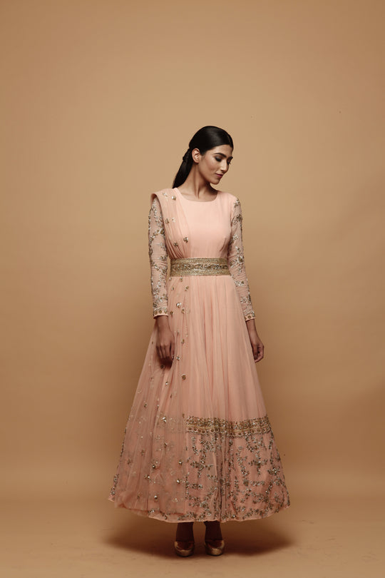 Pink Anarkali Suit With Gold Border