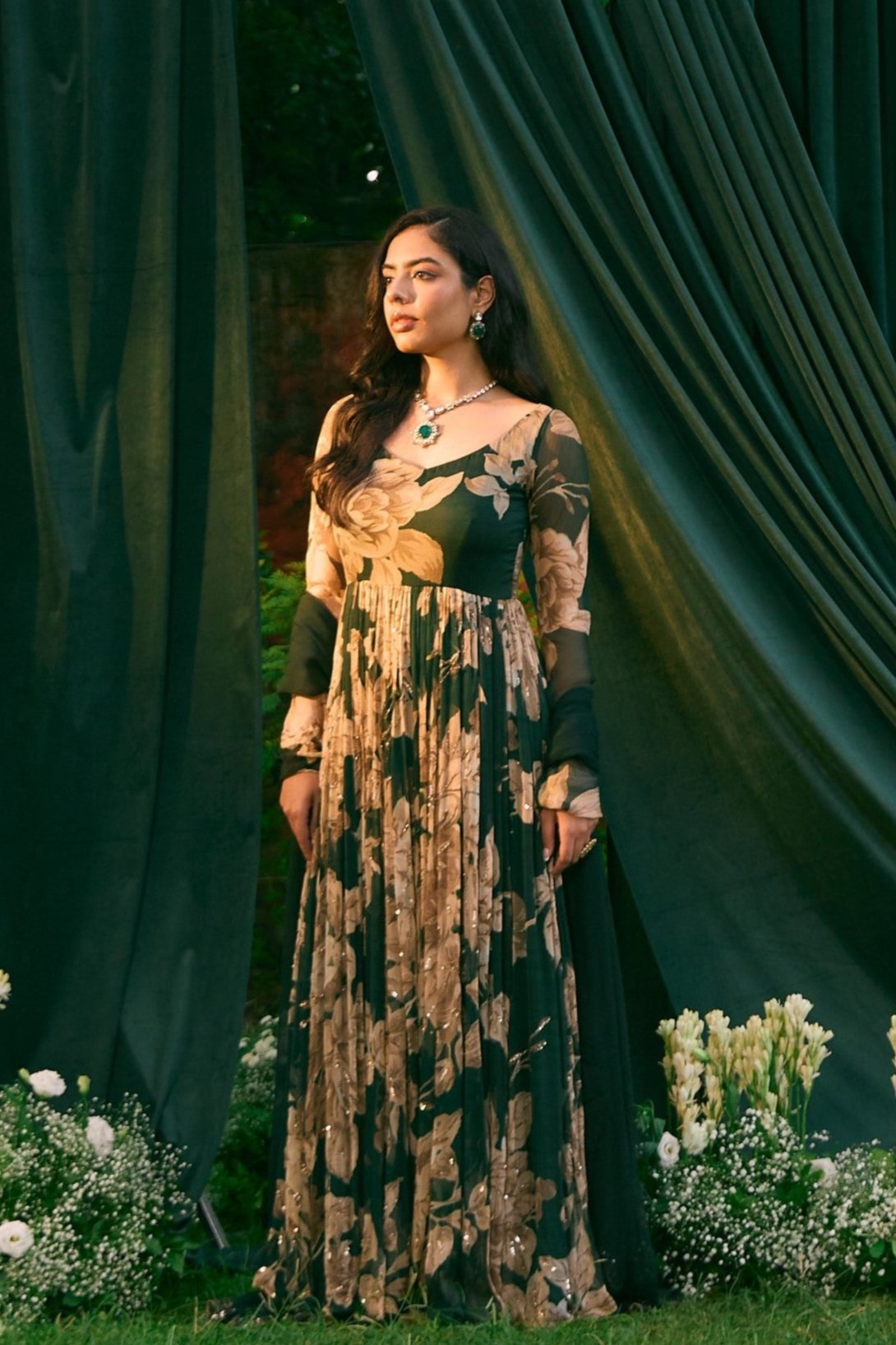 Shop Teal Green Chiffon Floral Anarkali Set Online