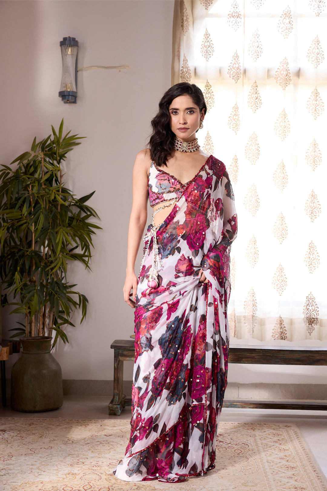 WHITE & PINK CHIFFON FLORAL SAREE