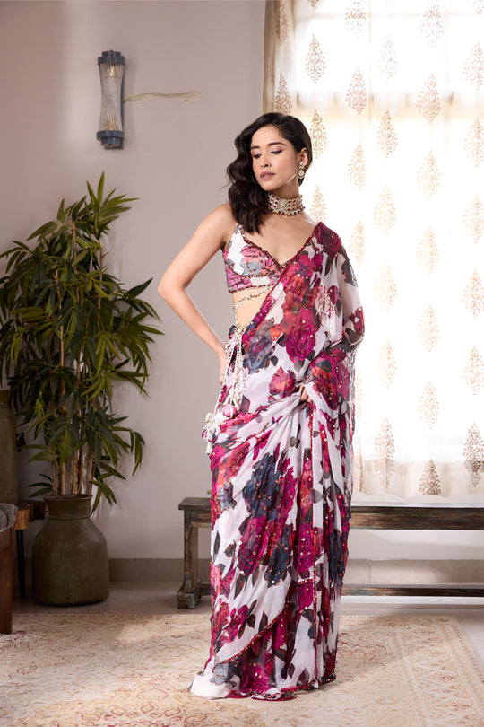 WHITE & PINK CHIFFON FLORAL SAREE