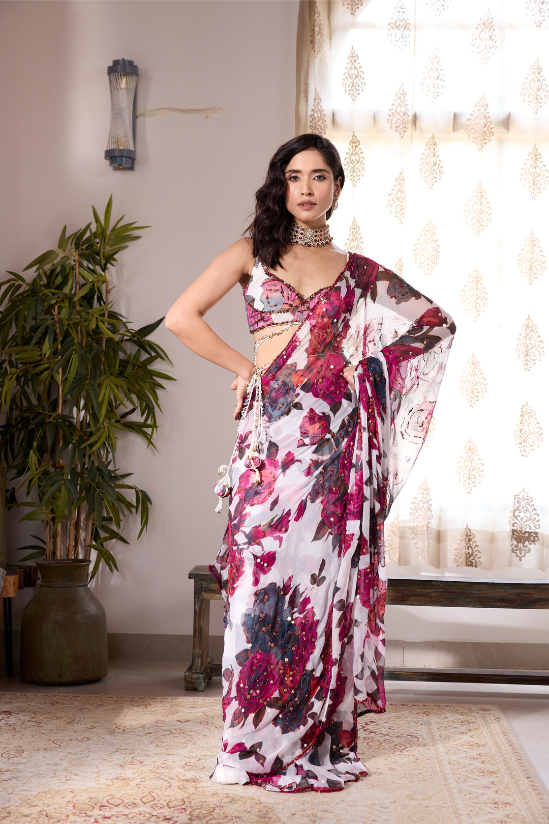WHITE & PINK CHIFFON FLORAL SAREE