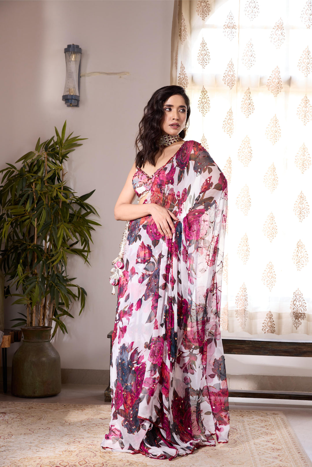 WHITE & PINK CHIFFON FLORAL SAREE