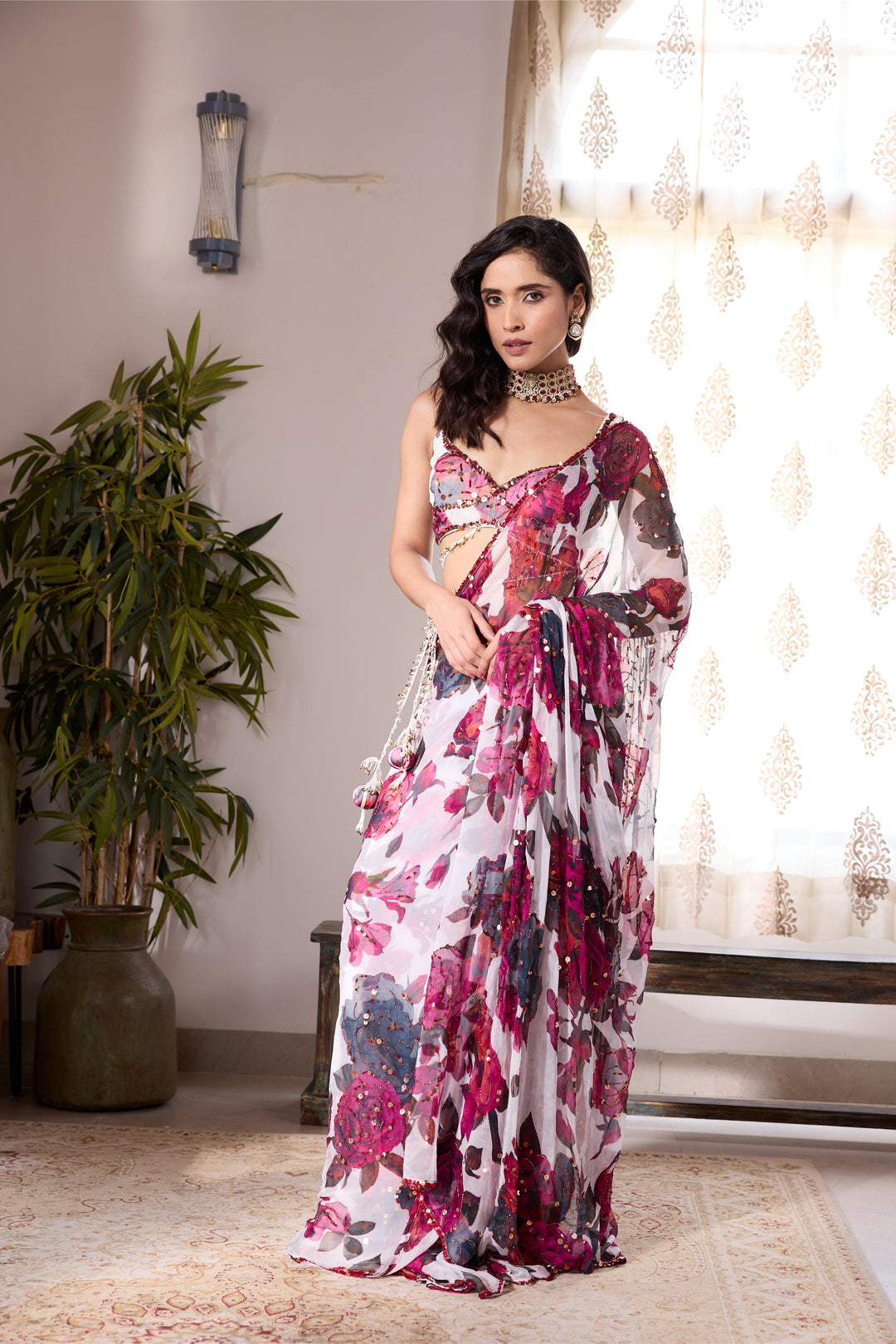 WHITE & PINK CHIFFON FLORAL SAREE