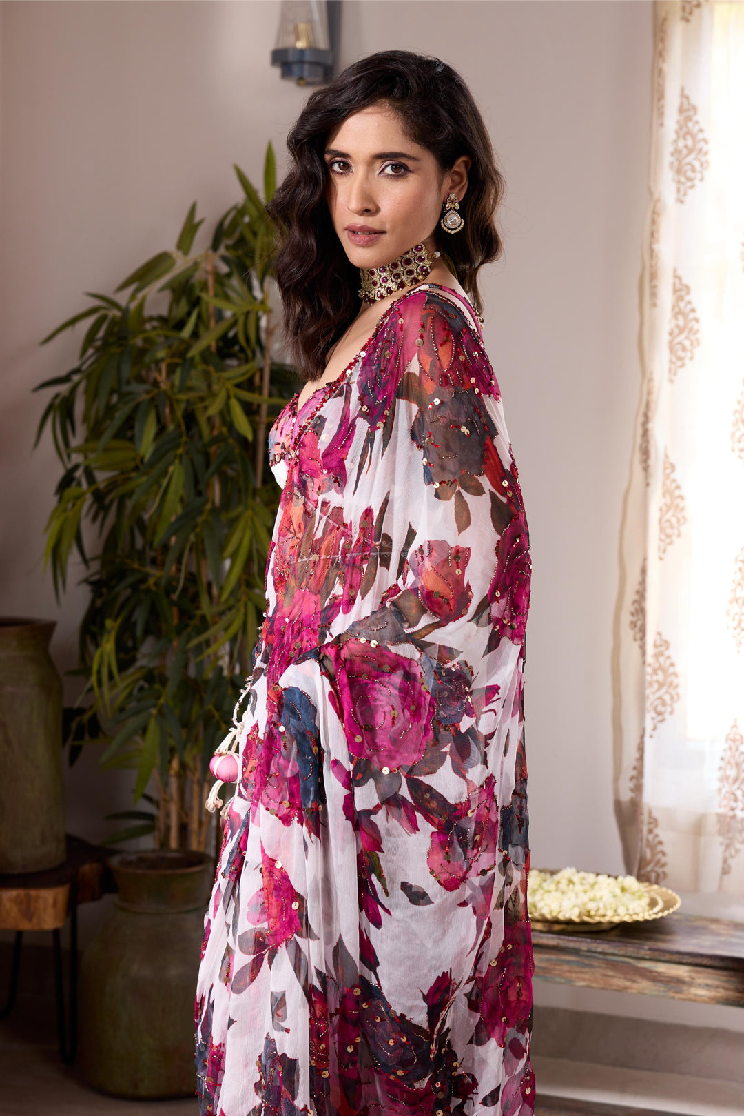 WHITE & PINK CHIFFON FLORAL SAREE