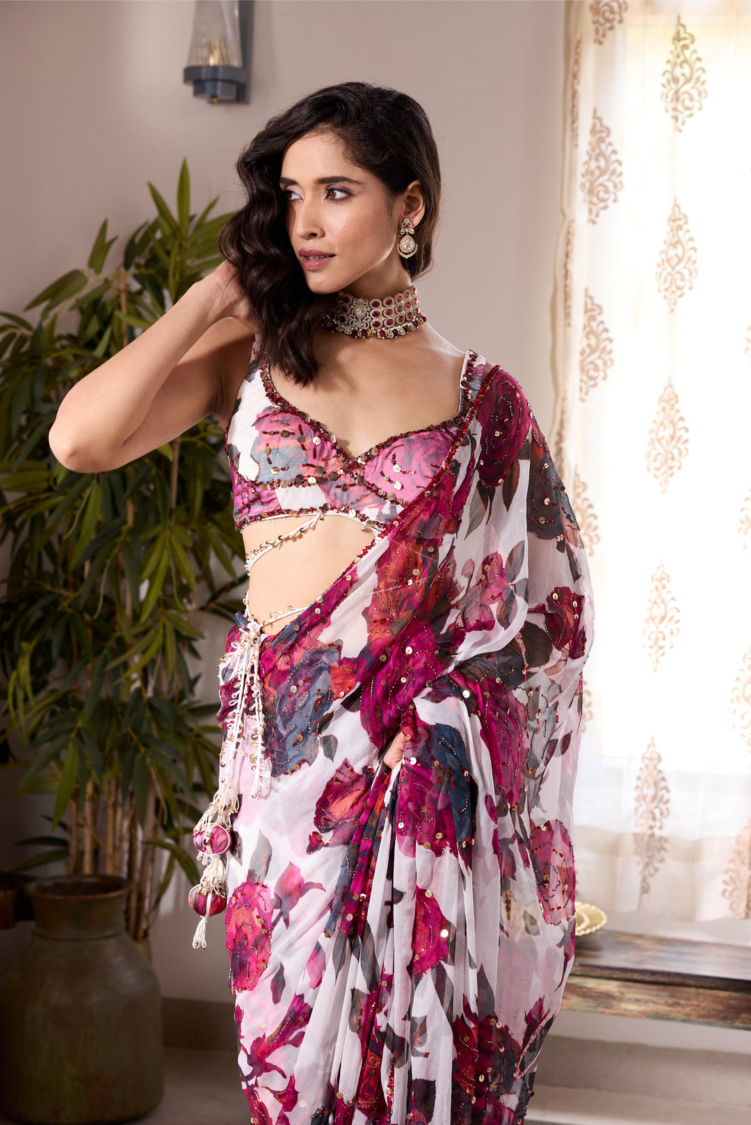 WHITE & PINK CHIFFON FLORAL SAREE