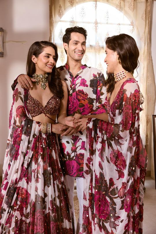 WHITE & PINK CHIFFON FLORAL LEHENGA