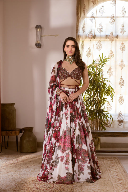 WHITE & PINK CHIFFON FLORAL LEHENGA