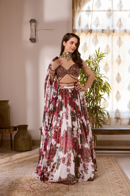 WHITE & PINK CHIFFON FLORAL LEHENGA