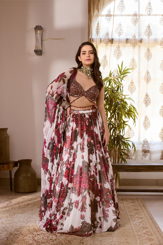 WHITE & PINK CHIFFON FLORAL LEHENGA
