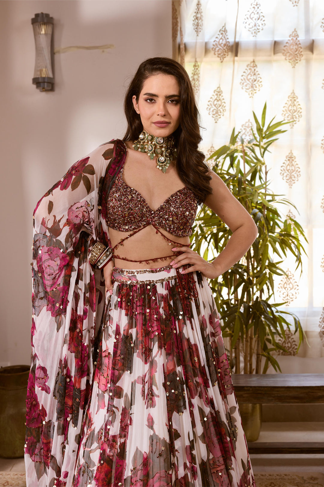 WHITE & PINK CHIFFON FLORAL LEHENGA