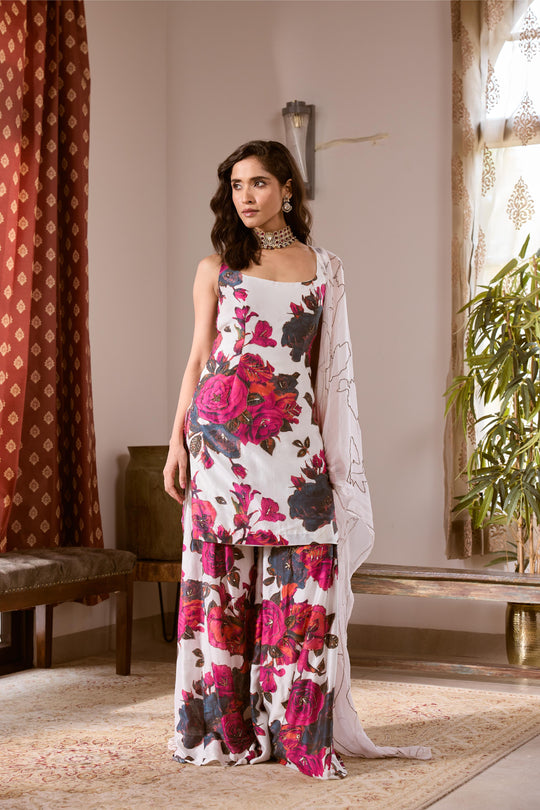 WHITE & PINK CHIFFON FLORAL KURTI