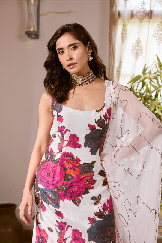 WHITE & PINK CHIFFON FLORAL KURTI