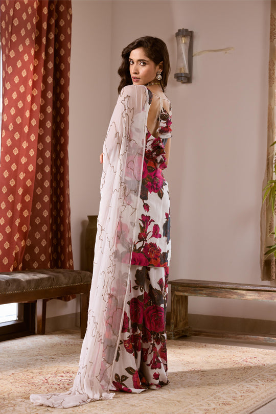 WHITE & PINK CHIFFON FLORAL KURTI
