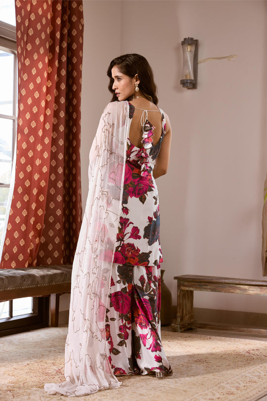 WHITE & PINK CHIFFON FLORAL KURTI