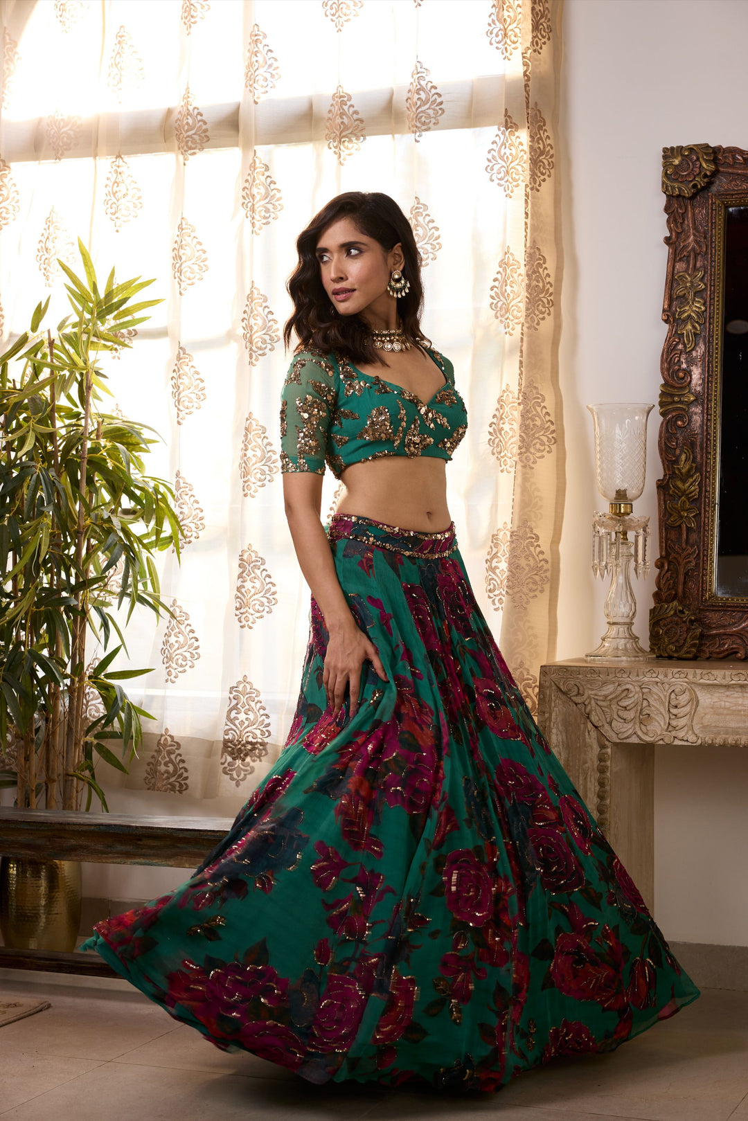 TEAL GREEN CHIFFON FLORAL LEHENGA