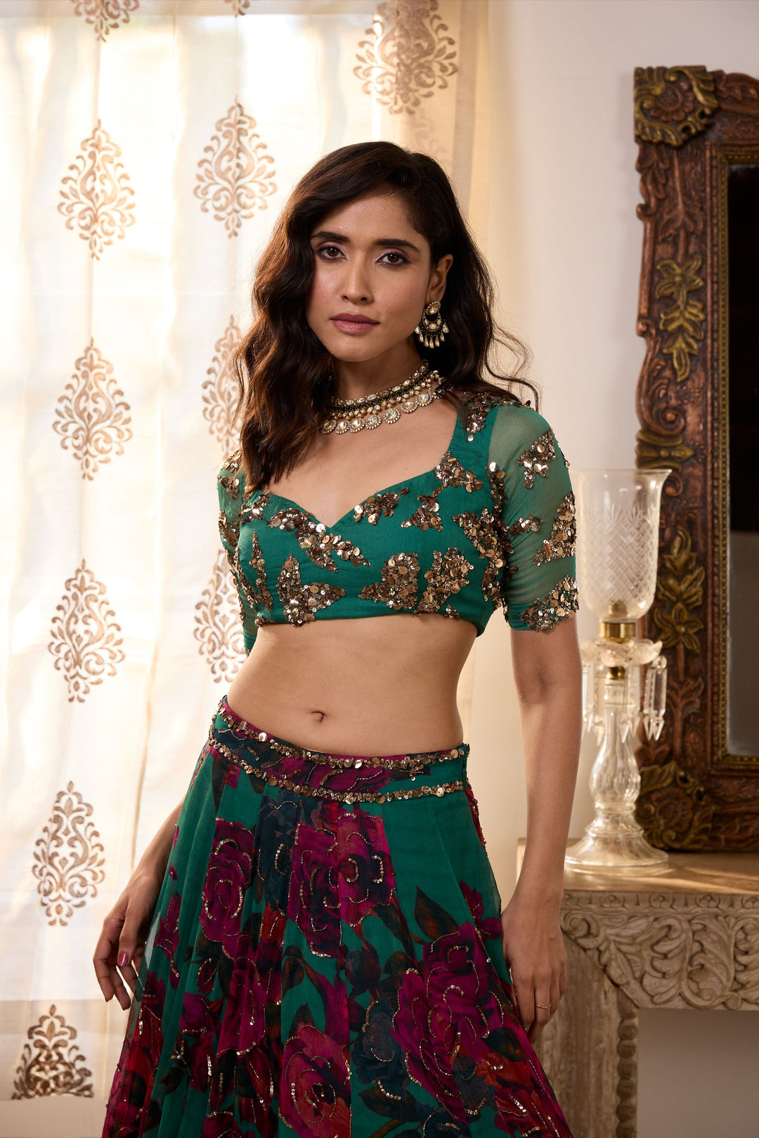 TEAL GREEN CHIFFON FLORAL LEHENGA