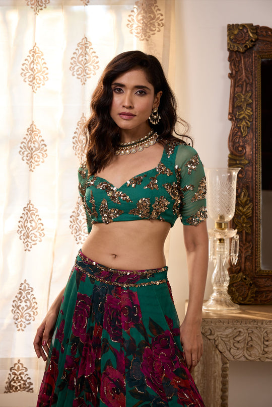 TEAL GREEN CHIFFON FLORAL LEHENGA