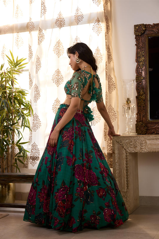 TEAL GREEN CHIFFON FLORAL LEHENGA