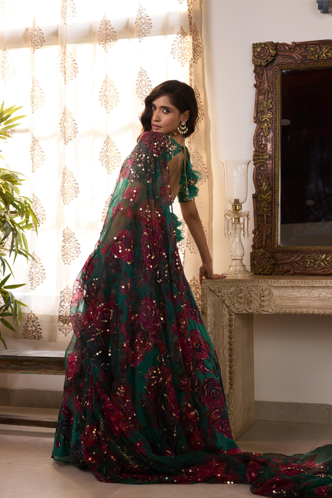 TEAL GREEN CHIFFON FLORAL LEHENGA