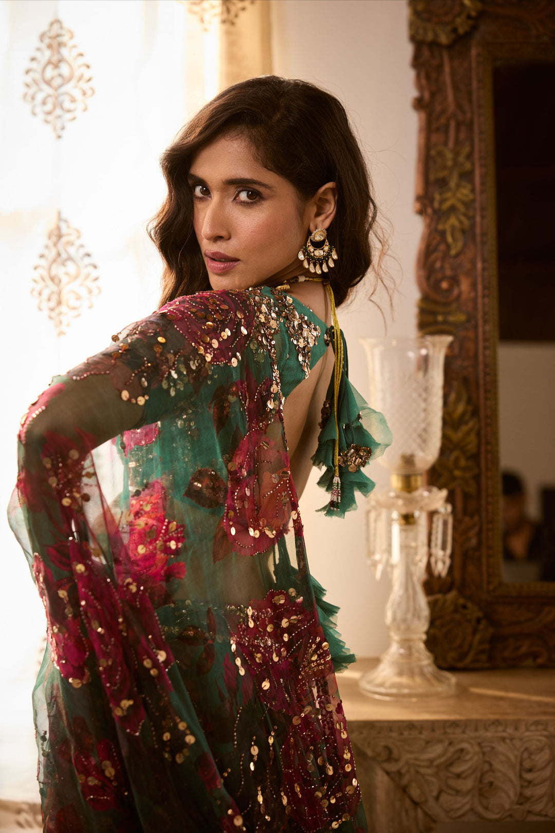 TEAL GREEN CHIFFON FLORAL LEHENGA