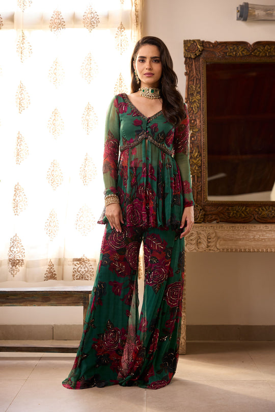 Teal Green Chiffon Floral Peplum and Pants