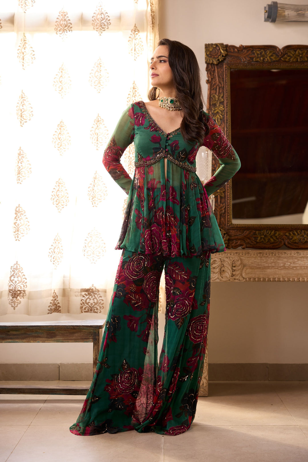 Teal Green Chiffon Floral Peplum and Pants