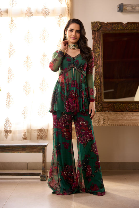 Teal Green Chiffon Floral Peplum and Pants