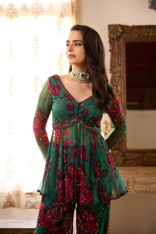 Teal Green Chiffon Floral Peplum and Pants