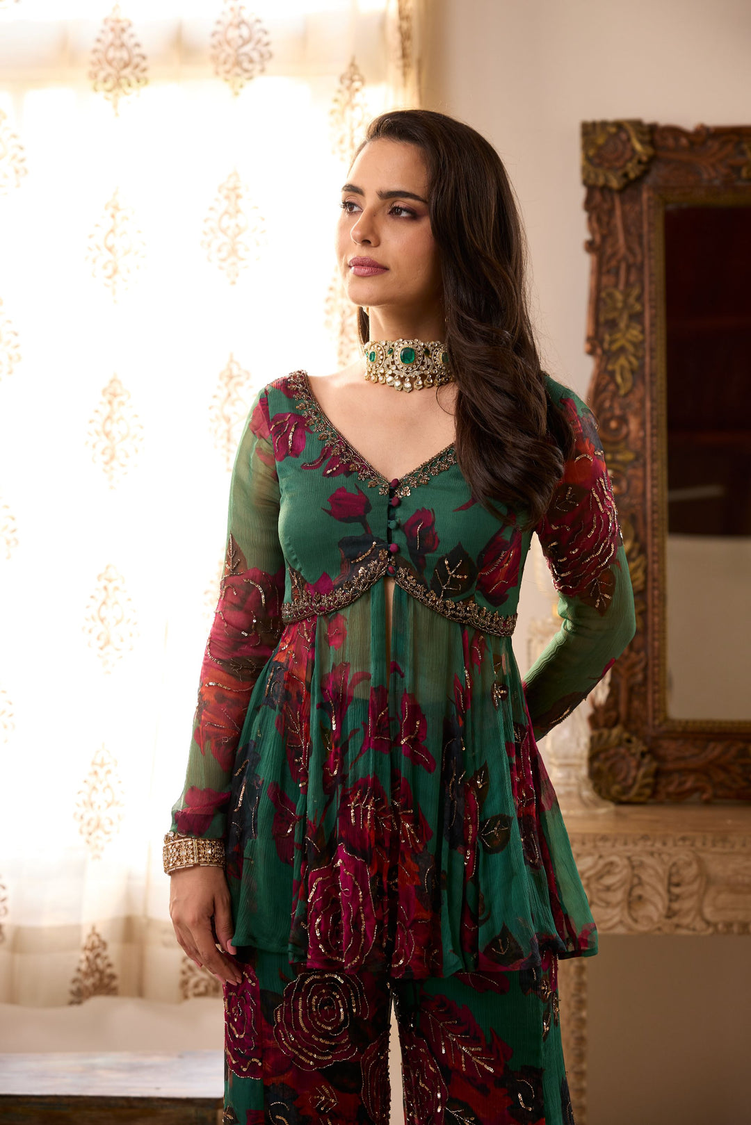 Teal Green Chiffon Floral Peplum and Pants