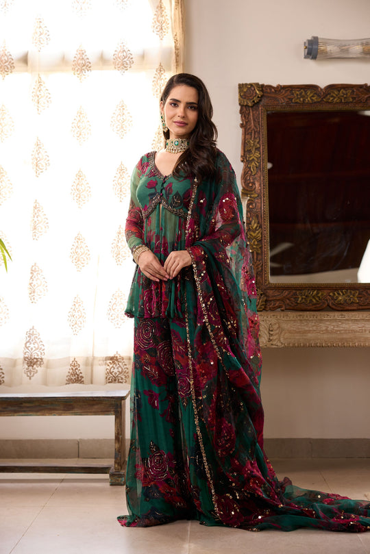 Teal Green Chiffon Floral Peplum and Pants