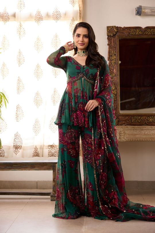 Teal Green Chiffon Floral Peplum and Pants