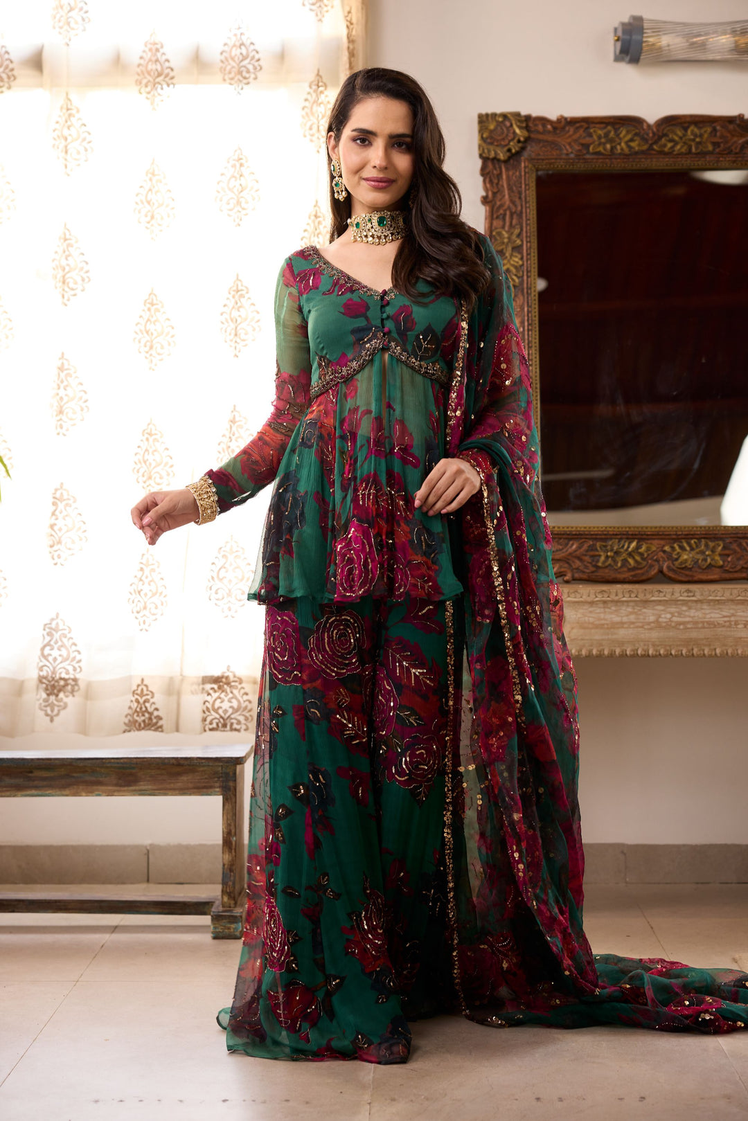 Teal Green Chiffon Floral Peplum and Pants