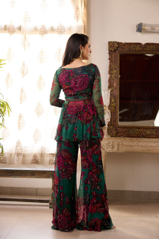 Teal Green Chiffon Floral Peplum and Pants