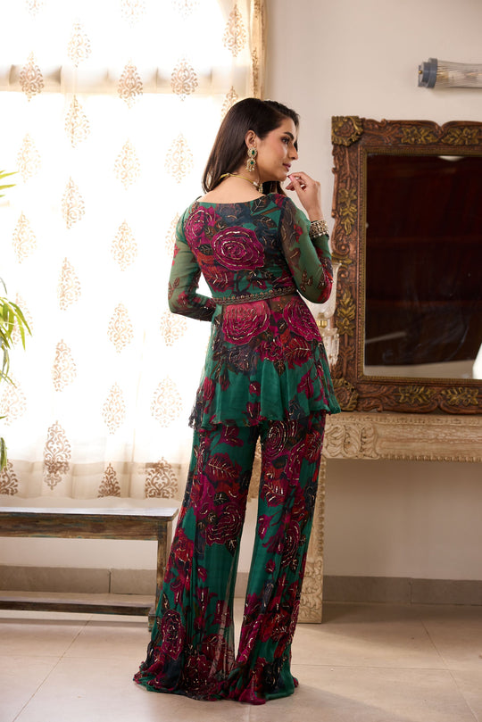 Teal Green Chiffon Floral Peplum and Pants