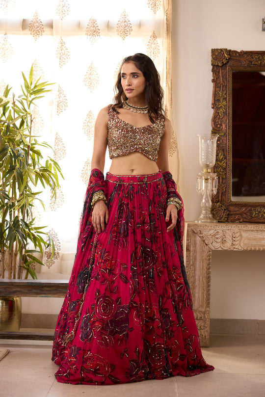 CARAMINE PINK CHIFFON FLORAL LEHENGA