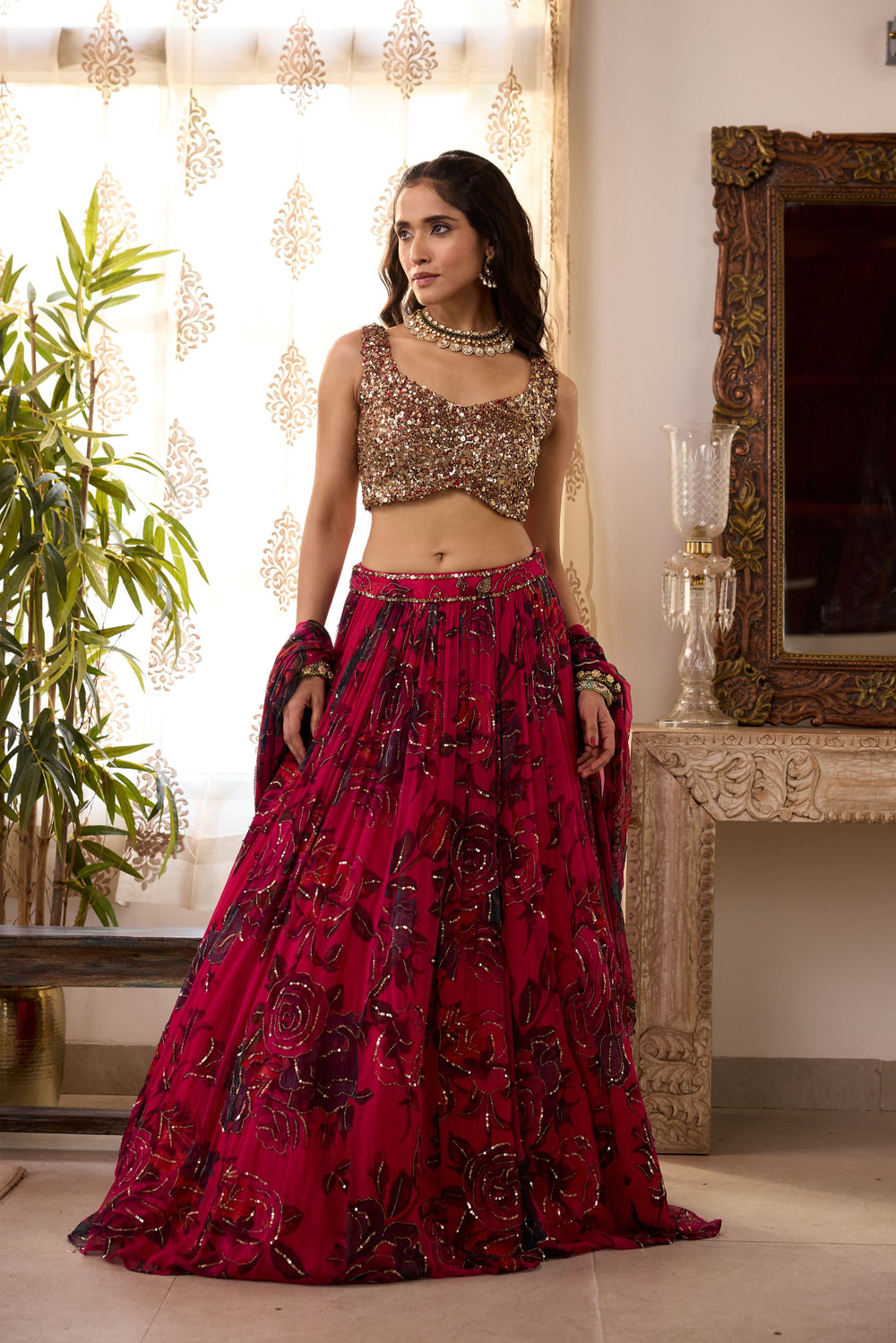 CARAMINE PINK CHIFFON FLORAL LEHENGA
