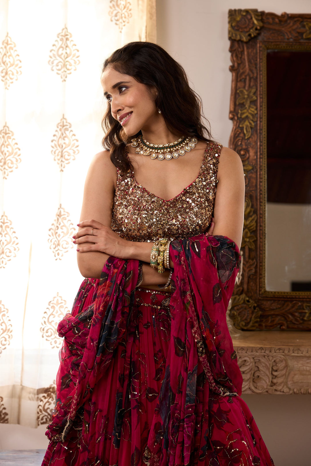 CARAMINE PINK CHIFFON FLORAL LEHENGA