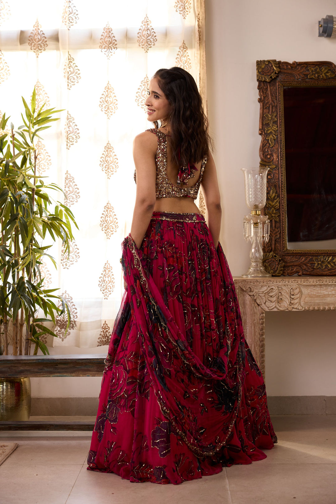 CARAMINE PINK CHIFFON FLORAL LEHENGA