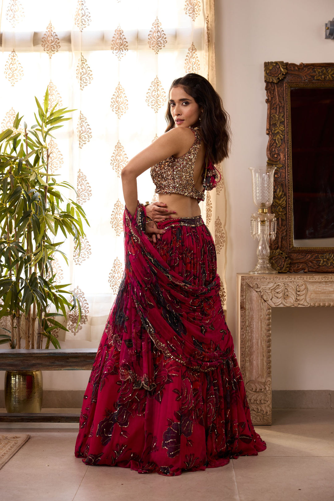 CARAMINE PINK CHIFFON FLORAL LEHENGA