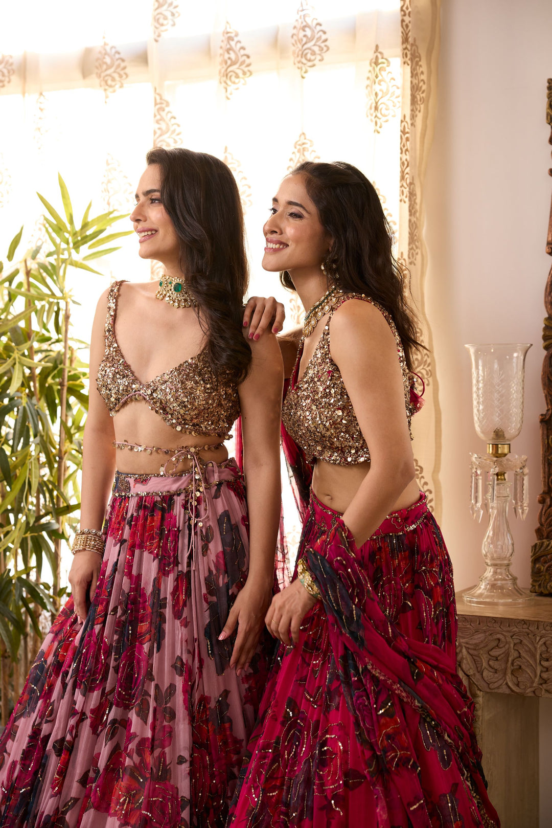 CARAMINE PINK CHIFFON FLORAL LEHENGA