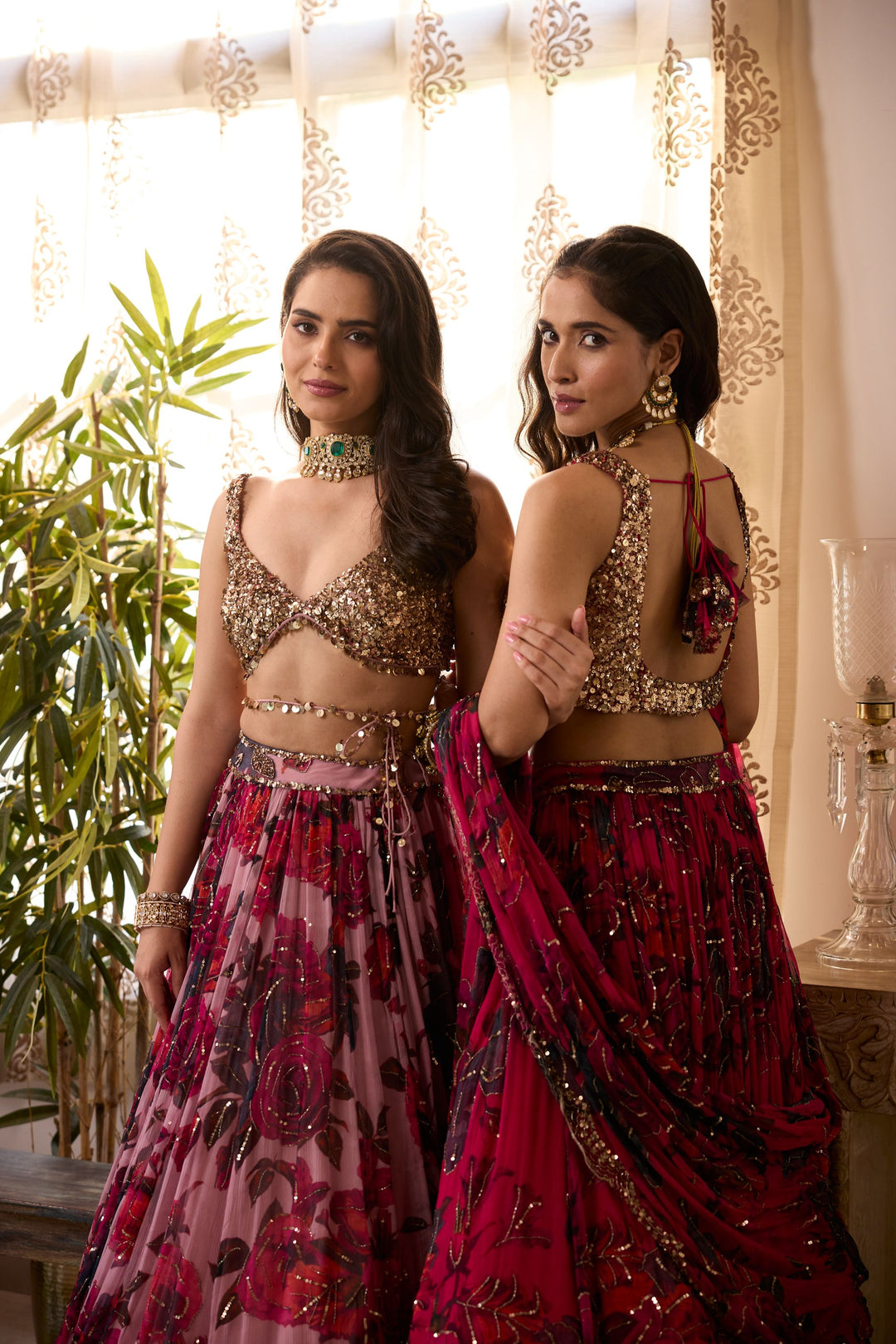 CARAMINE PINK CHIFFON FLORAL LEHENGA