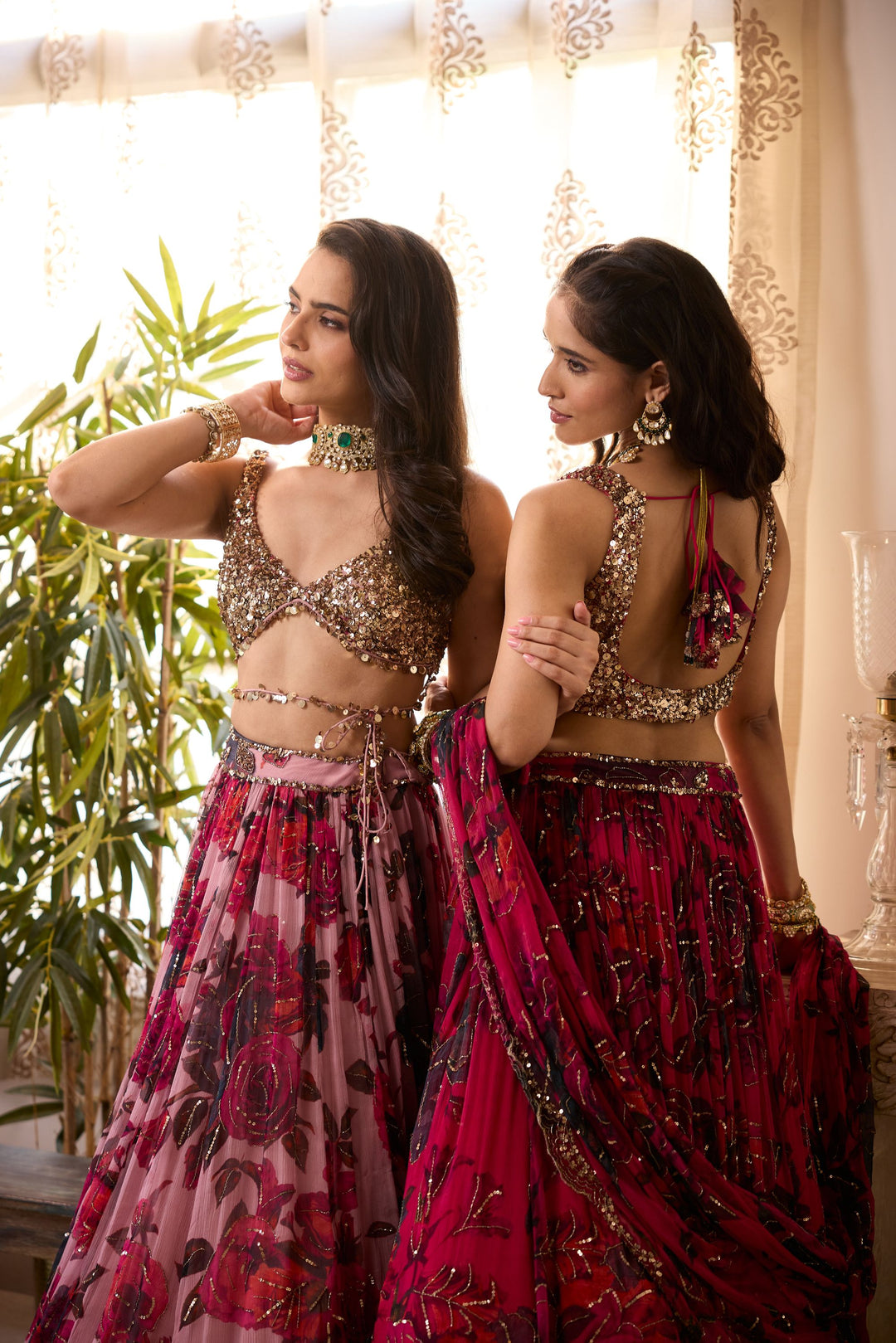 CARAMINE PINK CHIFFON FLORAL LEHENGA