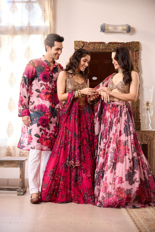 CARAMINE PINK CHIFFON FLORAL LEHENGA