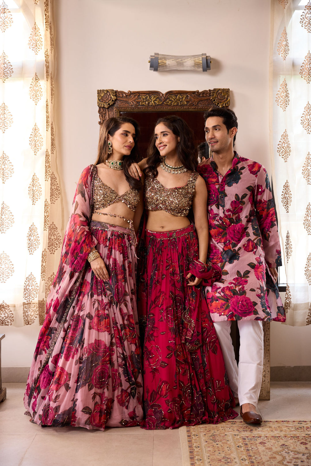 CARAMINE PINK CHIFFON FLORAL LEHENGA