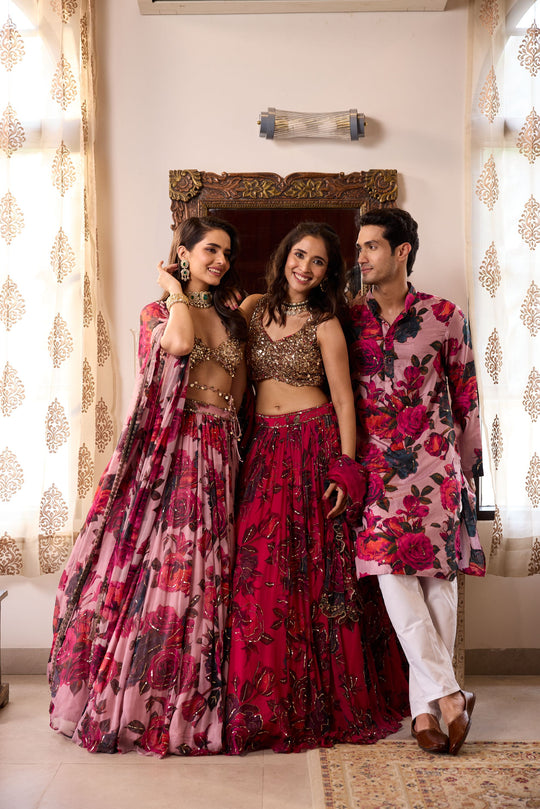 CARAMINE PINK CHIFFON FLORAL LEHENGA